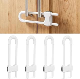 Adjustable U-shaped ABS locks fit cabinet handles and knobs; tool-free use in kitchens and bathrooms