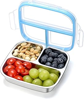 Stainless Steel Snack Containers, 3 Compartments Reusable on and go Bento Box with Lids for Kids, Lunch Box Pre Meal Storage for School Office Outdoor Camping Travel - Blue
