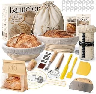 Complete Sourdough Bread Baking Supplies, Beginner Friendly, 9 in Round and 10 in Oval Rattan Banneton & 24 oz Starter Jar