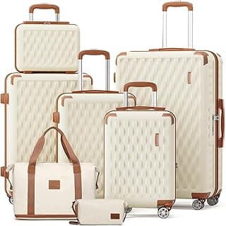 _SKIP_Luggage Sets 7 Piece Hard Shell Carry on Suitcase with Spinner Wheels and TSA Lock, Lightweight Travel Duffel Bag for Women, Beige Brown