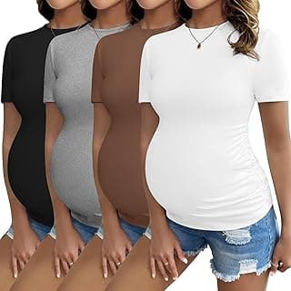 4 Packs Maternity Shirts Short Sleeve Crew Neck Pregnancy Tee Tops Tunic Blouse Soft Mama Clothes S-XXL