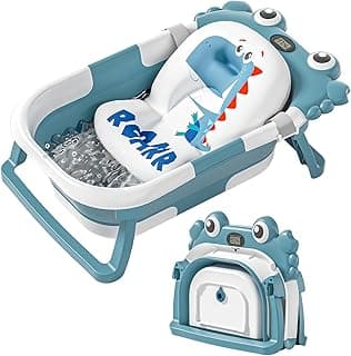 Collapsible Baby Bathtub for Newborns with Thermometer and Soft Floating Cushion Portable and Foldable Travel Baby Girl Bath Tub for Infants to Toddler 0-36 Month (Blue)