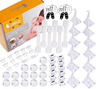 Baby Proofing Kit 60 Packs- Child Proof Essentials Set with Invisible Cabinet & Drawer Locks, Corner Protectors, Furniture Anchors and Outlet Covers Baby Safety Products - Complete House Proof Pack