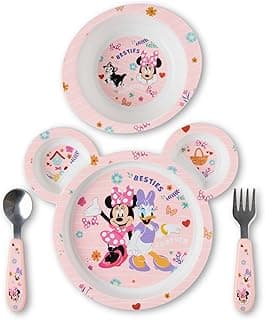 The First Years Disney Minnie Mouse Kids Dinnerware Set - Includes Toddler Plate, Bowl, Fork, and Spoon - Baby Led Weaning Supplies - 4 Count- Ages 9 Months and Up