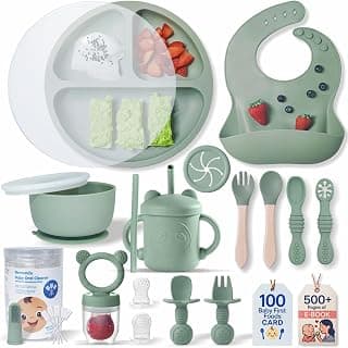 Remonda 23-Piece BPA-Free Silicone Baby Feeding Set | Extra Large Suction Plates, Toddler Bowls, Self Feeding Spoons, and More | Dishwasher Safe| Baby Led Weaning Supplies (Green)01