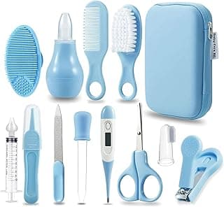 PandaEar Baby Healthcare & Grooming Kit - Baby Safety Set Comb, Brush, Finger Toothbrush, Nail Clippers, Scissors, Nasal Aspirator - Nursery Care Kit (Blue)