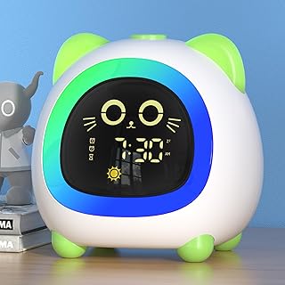 ANALOI Alarm Clock for Kids, Ok to Wake Clock for Kids with Eye Protection Sleep Training Auto Off Feature 10 Night Light Dual Alarm for Bedroom, Kids Alarm Clock Green Cat Gifts for Girls