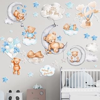 Yinder 12 Sheet 78 Pcs Bear Highland Cow Wall Decals Cute Highland Cow Sticker Nursery Baby Wall Decor for Kids Girls Boys Baby Room Bedroom(Blue Bear)