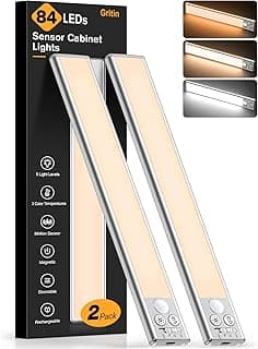 Gritin 10.2inch Under Cabinet Lighting Rechargeable 2 Pack | 3 Color Temps & 5 Brightness,Super Bright,4 Modes,Motion Sensor,Long Lasting - Easy Installation Magnetic Under Closet Lights