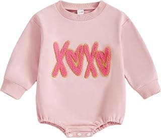 FIOMVA Valentines Girl Outfit Infant Heart Bow Bubble Romper Sweatshirt Newborn Bodysuit Top Toddler Spring Clothes