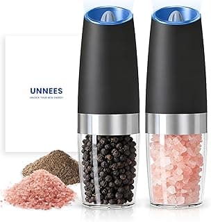 UNNEES Battery Operated Gravity Electric Salt and Pepper Grinder Set, Automatic Salt and Pepper Grinder Set, Adjustable Roughness,12 Batteries Required, LED Light, 2 Pack, (Black)