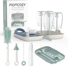 Momcozy 7-in-1 Baby Bottle Brush Set with Drying Rack, Green | Silicone Nipple Straw Brushes, Soap Dispenser Storage Box, Foldable Drain Rack, Portable Bag, BPA-Free, Home & Travel