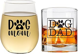 Dog Mom Wine Glass & Dog Dad Whiskey Glass Set - Dog Lover Gifts For Women & Men - Scratch Resistant, Dishwasher Safe Dog Mom Gifts - For Couples With Pets - Printed in the USA