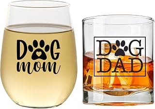 Dog Mom Wine Glass & Dog Dad Whiskey Glass Set - Dog Lover Gifts For Women & Men - Scratch Resistant, Dishwasher Safe Dog Mom Gifts - For Couples With Pets - Printed in the USA