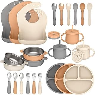 27 Pack Silicone Baby Feeding Set, Food Grade Silicone Baby LED Weaning Supplies, Include Suction Plates, Baby Bowls, Bibs, Fork & Spoon, Training cup with straw, 6 Months+(Brown, Beige, Grey)