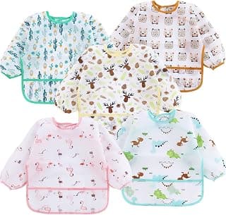 PandaEar 5 Pack Long Sleeve Bibs for Babies 6-24 Months, Lightweight Waterproof Toddler Smock for Eating & Messy Art, Washable Weaning Bibs with Stay-Open Pocket, Breathable & Travel-Friendly