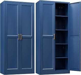 Kitchen Pantry Cabinet,Blue Kitchen Cabinet with 2 Gold Handles,Tall Cabinet for Livingroom,Pantry, Bathroom,Kitchen,Garage