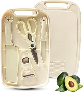 Knife and Cutting Board Set for Camping Travel College,Beige | 5 In1 Travel Small Cutting Boards with a chef knife,a paring knife,a peeler and a scissors,stainless steel knife travel set