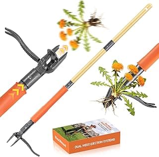 Stand Up Weed Puller Tool, 4-Claw Steel Head Deep Root Extractor with Dual-Eject Design, Real Bamboo Long Handle & Metal Anti-Slip Pedal, No Bending Dandelion Remover for Garden Lawn Yard