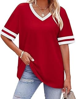 Womens T Shirts Loose Fit Short Sleeve Tees V Neck Color Block Summer Tops 2026 Fashion S-4XL