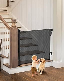 No Bottom Bar Mesh Baby & Pet Gate with Anti-Crawling Hook, One-Hand Operation, Safety Lock for Stair, Doorway,Indoor/Outdoor