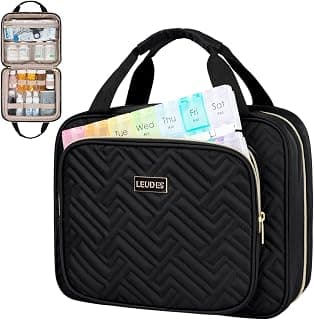 Leudes Travel Pill Bottle Organizer,Medicine Organizer and Storage,Home Medication Bag, Cases,Carrier for Pills,Vitamin,Fish Oil,Supplements for Women and Men (Large, Black) | Portable Pill Travel Case with PVC Pocket for Vitamin,Fish Oil Empty Medication Bag for College Dorm Student,Home,First Aid