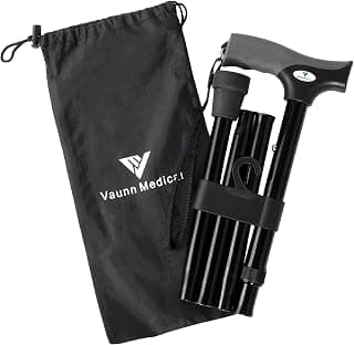 FSA/HSA Eligible, Vaunn Medical Easy Grip Height Adjustable Folding Cane/Walking Stick with Strap/Pouch- Compact, Portable, and Safe Walking Assistant- Non-Slip Grip Handle- Men, Women, Elderly