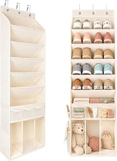 3in1 Over The Door Shoe Organizer with 5 Slanted Compartments,Removable Storage Bin & Transparent Pockets,Thickened Waterproof Oxford Fabric Shoes Rack for Shoes,Boots,Toys,Daily Essentials. (Beige)
