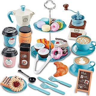 Pretend Tea Party Set for Little Girls, 38 PCS Coffee Maker Set and Play Food Dessert Set for Kids Age 3 4 5 6 7 8 9, Kids Kitchen Pretend Play for Princess Girls Boys