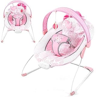 Baby Bouncer with Music, Portable Infant Bouncer for 0-6M, AskCat Pink Bow | 6 Melodies & Gentle Vibrations, 3-Point Harness, Removable Play Bar, Machine Washable Cushion, 6-20 lbs, Indoor & Outdoor Use