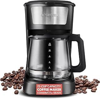 Gourmia 12 Cup One-Touch Coffee Maker – Pause and Serve with Automatic Keep Warm, Easy View Water Window, Compact Design, Stainless Steel Accents, Black