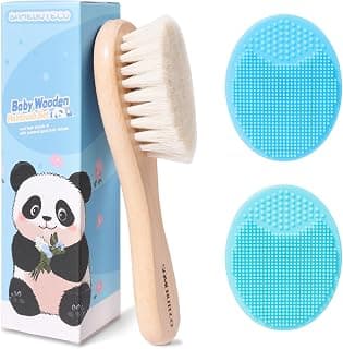 SAMEBUTECO Baby Hair Brush Set,3 in1 Kit,1 Pack Goat Hair Bristles Brush 2 Pieces Silicone Cradle Cap Brushes Wood Handle Newborn Brush for Newborns and Toddlers