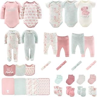 The Peanutshell Baby Layette Gift Set for Girls - 30 Piece New Born Girl Gift Set, Baby Clothes, 0-9 Months - Floral Elephant