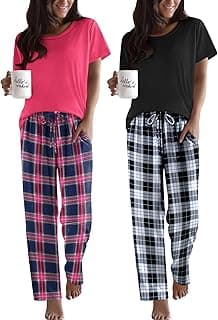 Ekouaer 2 Pack Pajamas for Women Set Short Sleeve Pj Top and Printed Pants | Soft PJs Cozy Printed Lounge Sets Comfy Sleepwear with Pockets