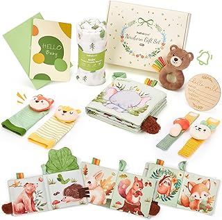 hahaland Baby Shower Gift for New Mom, Newborn Gift Set for Boys & Girls with Swaddle Blanket, Rattle Socks and Wristband Set, Plush Rattle, Soft Baby Crinkle Book, Wooden Milestone Card