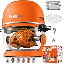 air fry, bake, roast, dehydrate, rotisserie, tumbler, stainless steel accessories, fits 1.5 lb chicken, 5Qt, PFAS-free glass