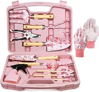 12-Piece Gardening Tool Set, Heavy-Duty Garden Tools for Women | Floral Print Rust-Proof Trowel, Rake, Weeder & Pruner with Hard Case, Ideal Gardening Set Gifts for Mom & Plant Lovers