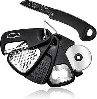 Kitchen Gadgets Set 6 Piece, Space Saving, Portable, Black | Stackable Gadgets Utensils, Grater, Bottle Opener, Pizza Cutter, Peeler, Paring Knife, Garlic Grinder, Storage Bag