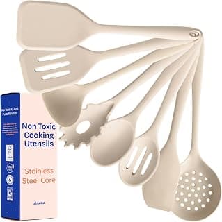 LFGB-certified platinum silicone. Solid steel core, no hidden plastics. 500°F heat resistant. Non-scratch. Dishwasher safe