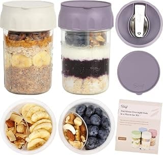 Folding Spoons and Divided Compartments for Fruit&Nuts, Small Glass 16oz Mason Jars for Oatmeal Yogurt Parfait