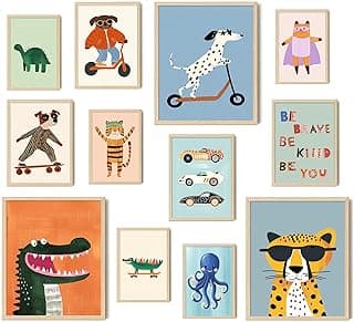 Aroutde 12Pcs Baby Nursery Room Decor, Cartoon Animal Playroom Canvas Wall Art Kids Transport Inspirational Quotes Posters Colorful Printing for Boys and Girls Room Decor(Unframed)