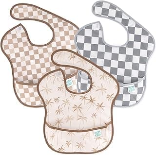 Bumkins Bibs for Girl or Boy, SuperBib Baby and Toddler for 6-24 Months, Essential Must Have for Eating, Feeding, Baby Led Weaning Supplies, Mess Saving Catch Food, 3-pk Palms and Checks
