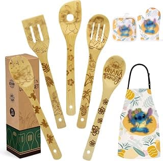 Mom Gift Set Women Christmas Gift Wooden Cooking Spoons Bamboo Kitchen Cooking Utensils Set with Apron Oven Mitt Potholder Set - Great Mothers Day Gifts Birthday Housewarming Wedding Present