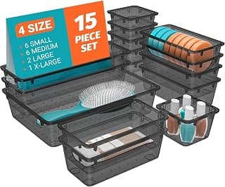 SpaceHacks 15 PCS Plastic Drawer Organizer Set, Drawer Storage Trays | 4-Size Acrylic Drawer Storage Trays, Storage Bins for Makeup, Gadgets, and Jewelry in Bathroom, Bedroom and Office