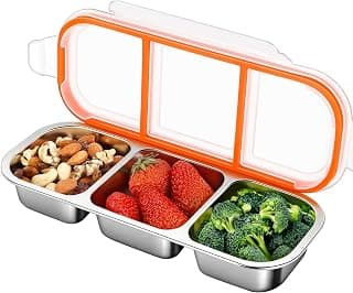 Stainless Steel Snack & Lunch Container, Kids & Adults, 20 oz, 10.7 in Long | 3 Sealed Compartments, Dishwasher-safe, Leak-proof, Stackable, Clear lid, 10.7 in long, For daycare, school, work & travel