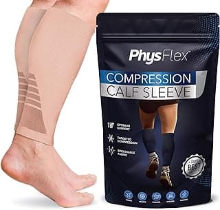 Calf Compression Sleeves for Men and Women - (1 Pair) Footless Compression Socks Support for Varicose Vein, Nursing, Pregnancy, Running - PhysFlex Leg Sleeve Brace for Shin Splints, Pain Relief and