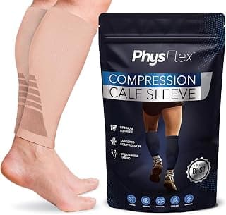 Calf Compression Sleeves for Men and Women - (1 Pair) Footless Compression Socks Support for Varicose Vein, Nursing, Pregnancy, Running - PhysFlex Leg Sleeve Brace for Shin Splints, Pain Relief and