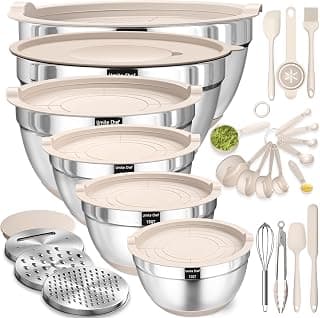 Price Drop: Mixing Bowls with Airtight Lids Set, 26PCS Stainless Steel Khaki Bowls with Grater Attachments, Non-Slip Bottoms & Kitchen Gadgets Set, Size 7, 4, 2.5, 2.0,1.5, 1QT, Great for Mixing & Serving