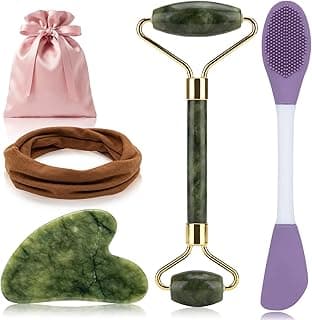 5PCS Face Roller & Gua Sha Facial Tools, Face Massage for Wrinkle Reduction & Puffiness Relief, Includes Silicone Scrubber, Headband & Travel Pouch, Jawline Sculpting and Pore Cleansing Set