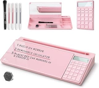TOWON Desk Dry Erase Board with Detachable Calculator, Small Glass Desktop Whiteboard, Desktop whiteboard - Glass Dry Erase White Board- Desk Computer Buddy for Home Office Supply, Pink, 17 x 6 in
